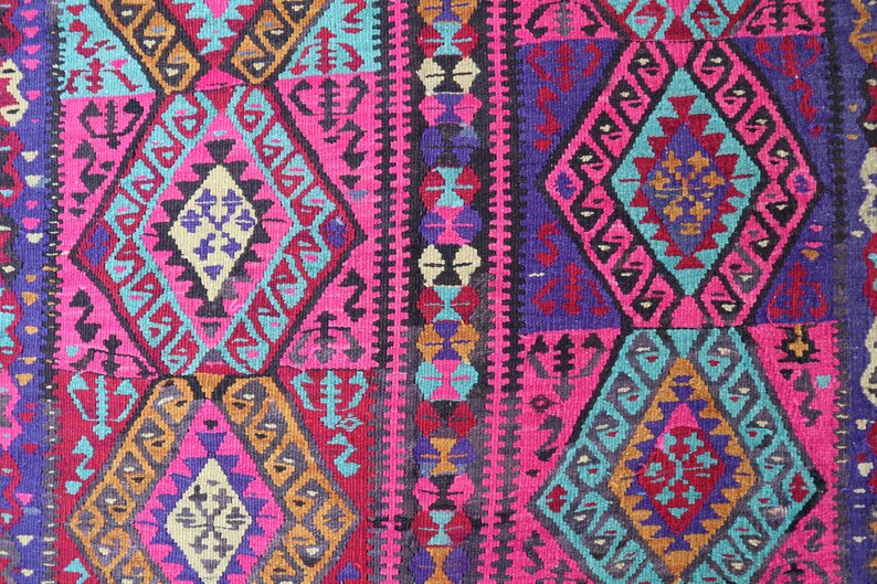 5x14 Ft Long Wide Kilim Runner Rug, Afghan Pink Navy Blue Handmade Wool
