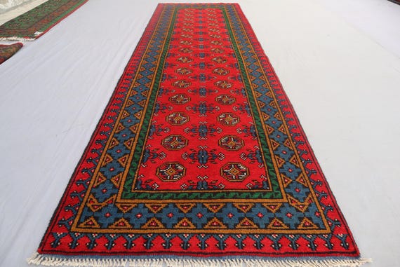 2'8x9'6フィートの赤いアフガンランナーラグ - ハンドノットウールラグ