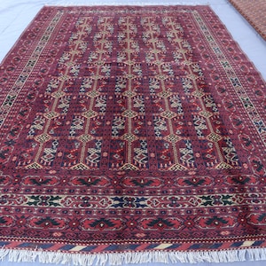6&#39;5x9&#39;8 ft Handmade Afghan Rug, Turkmen Oriental design Red Rug, Top Quality Tribal Area Rug, Hand Knotted Wool Rug, Living Room, Office Rug