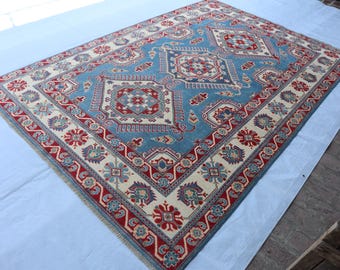 Afghan Rug 7x10 ft Blue Kazak Hand Knotted Wool Area Rug, Contemporary Natural Veg Dyes rug, Living Room Carpet, Office Rug, Geometric Rug