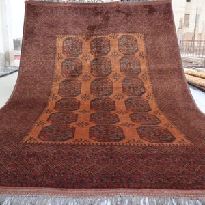 7x10 ft Afghan Vintage Area Rug, Handmade Terracotta Faded Pile Wool Rug, Oriental Turkmen Tekke Tribal Ersari Red Rug Office Bedroom Carpet