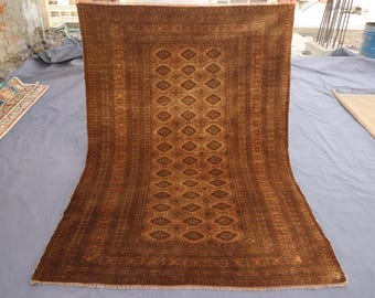 Antique 3'10x5'5 ft Rug Faded Terracotta rug, Afghan Bukhara 1940s Old Rug, Hand Knotted Soft Pile Wool Rug, Turkmen Tribal Rug for Entryway