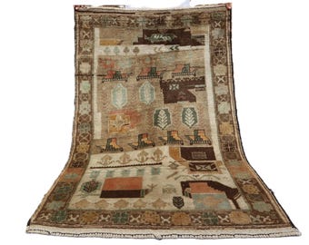 3x5 ft Afghan Antique Rug Bukhara Hand Knotted Wool Area Rug, Vintage Turkmen Tribal rug, 100x150 cm Entry Way Rug, Faded Terracotta Carpet