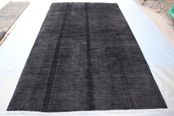 Black Gabbeh Rug 5x8 Ft, One Color Plain Afghan Rug/ Handmade Wool
