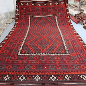 10x17 Ft, Antique Large Rug, Afghan Kilim Vintage Handmade Red Rug, Turkmen Fine Flatweave Rug, Oriental 100% Wool Rug, Bedroom, Office Rug