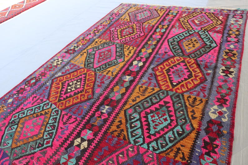 5x14 Ft Long Wide Kilim Runner Rug, Afghan Pink Navy Blue Handmade Wool