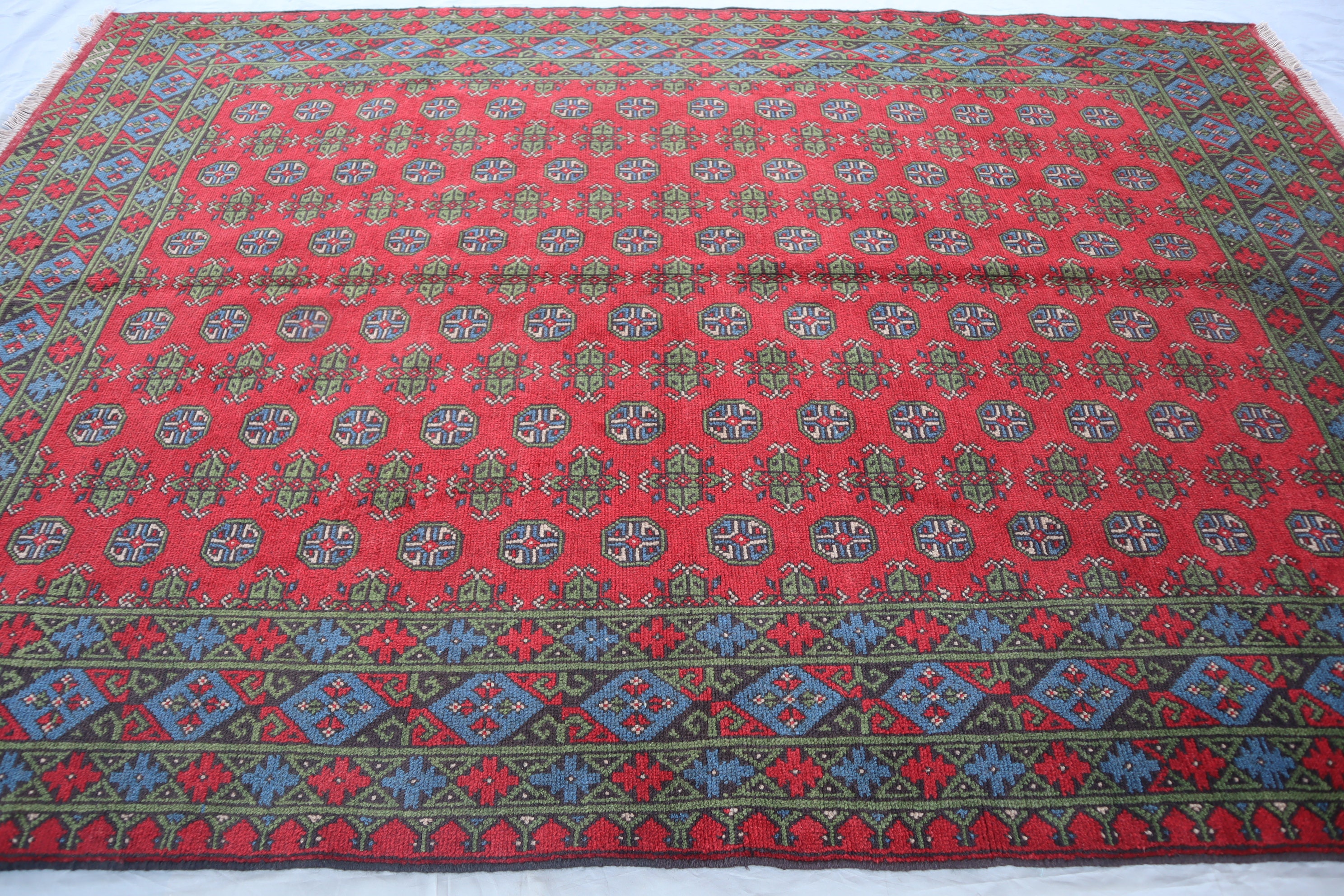 1980s Antique Red Afghan Rug 7x10 Ft, Turkmen Tekke Mowri Rug/ Handmade ...