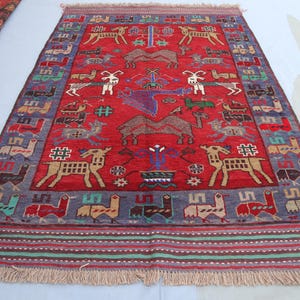 4x6 ft Antique Birds Pictorial Rug Afghan Handmade Natural Soft Wool Rug- Vintage Turkmen Home decor Rug- Art Deco Rug- Rustic Beige Carpet