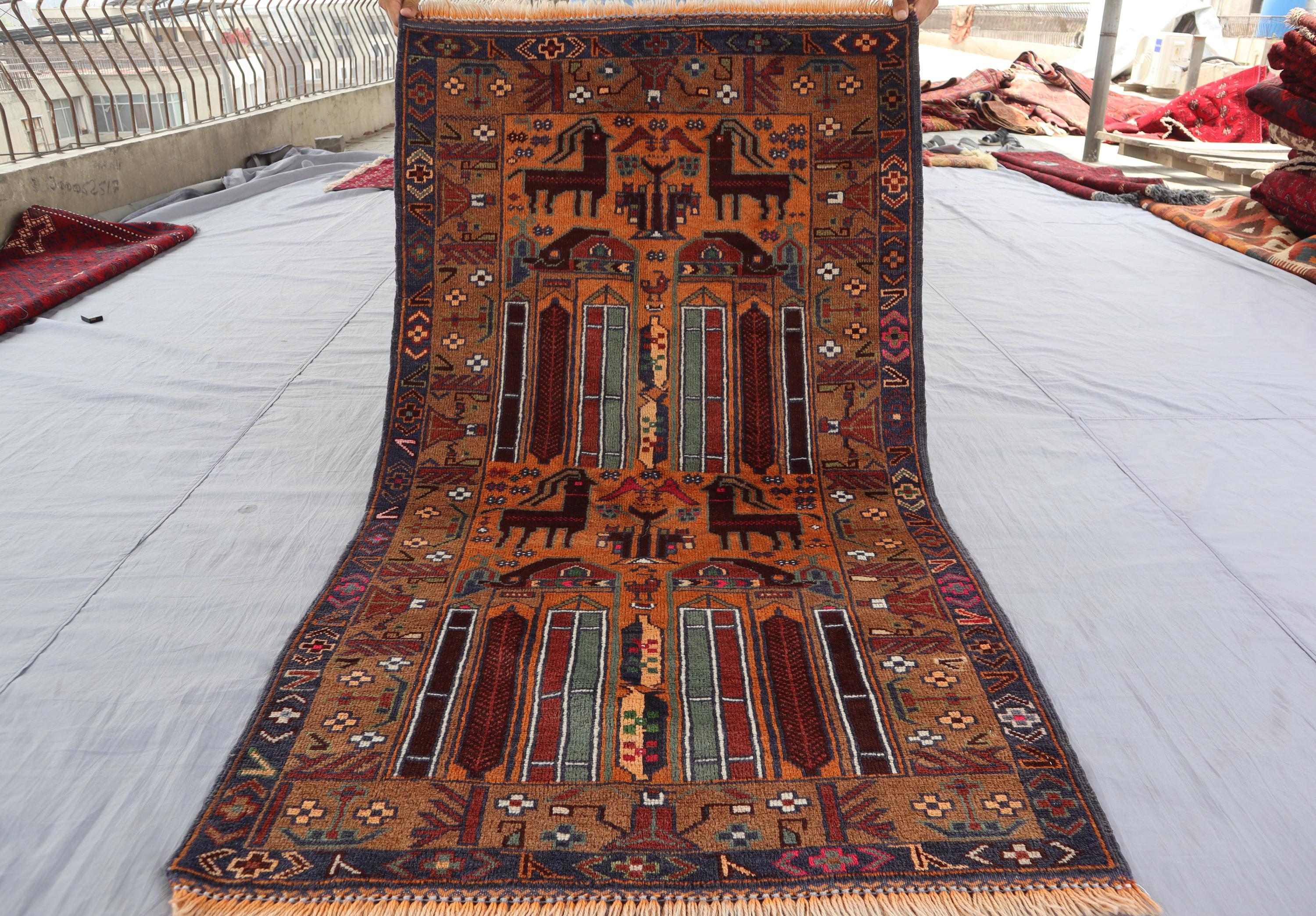 2'5x4'10 Pictorial Area Rug, Afghan Vintage Handmade Wool Rug, Oriental Turkmen Rug, Hunting Scene Art decor Rug, Kids Room Wall Hanging Rug
