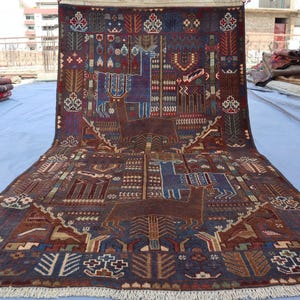 Vintage 4x7 ft Afghan Pictorial Rug Turkmen Handmade Wool Rug, Animals Art Deco Hunting Scene Rug, Oriental Kids room Rug, Home Luxury Rug