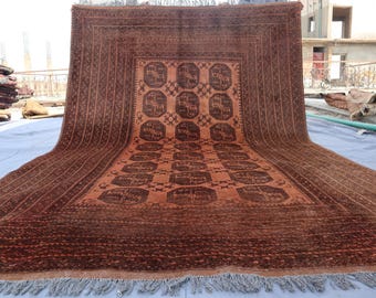 1940s Antique 6'6x9'6 ft Rug Turkmen Tribal Distressed Faded Terracotta Rug, Vintage Afghan Area Rug, Bukhara Handmade Wool Rug, Bedroom Rug