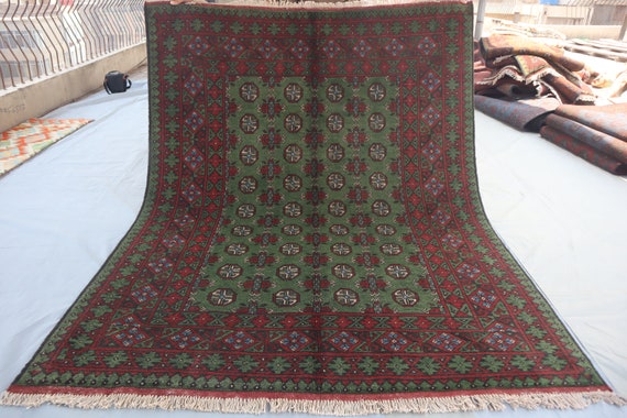 5'1x6'5 Ft Green Afghan Bukhara Rug- Turkmen Tribal Oriental