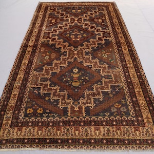 1950s Antique 4'6x8'3 ft Rug, Afghan Handmade Wool Rug, Vintage Turkmen Old Terracotta Rug, Geometric Caucasian Red Carpet, Long Kitchen Rug