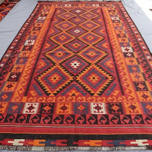 7x13 ft Large Antique Flatweave Kilim Rug, Afghan Oriental Orange Rug, Handmade Wool Rug, Turkmen Tribal Geometric Rug, Bedroom Area Carpet