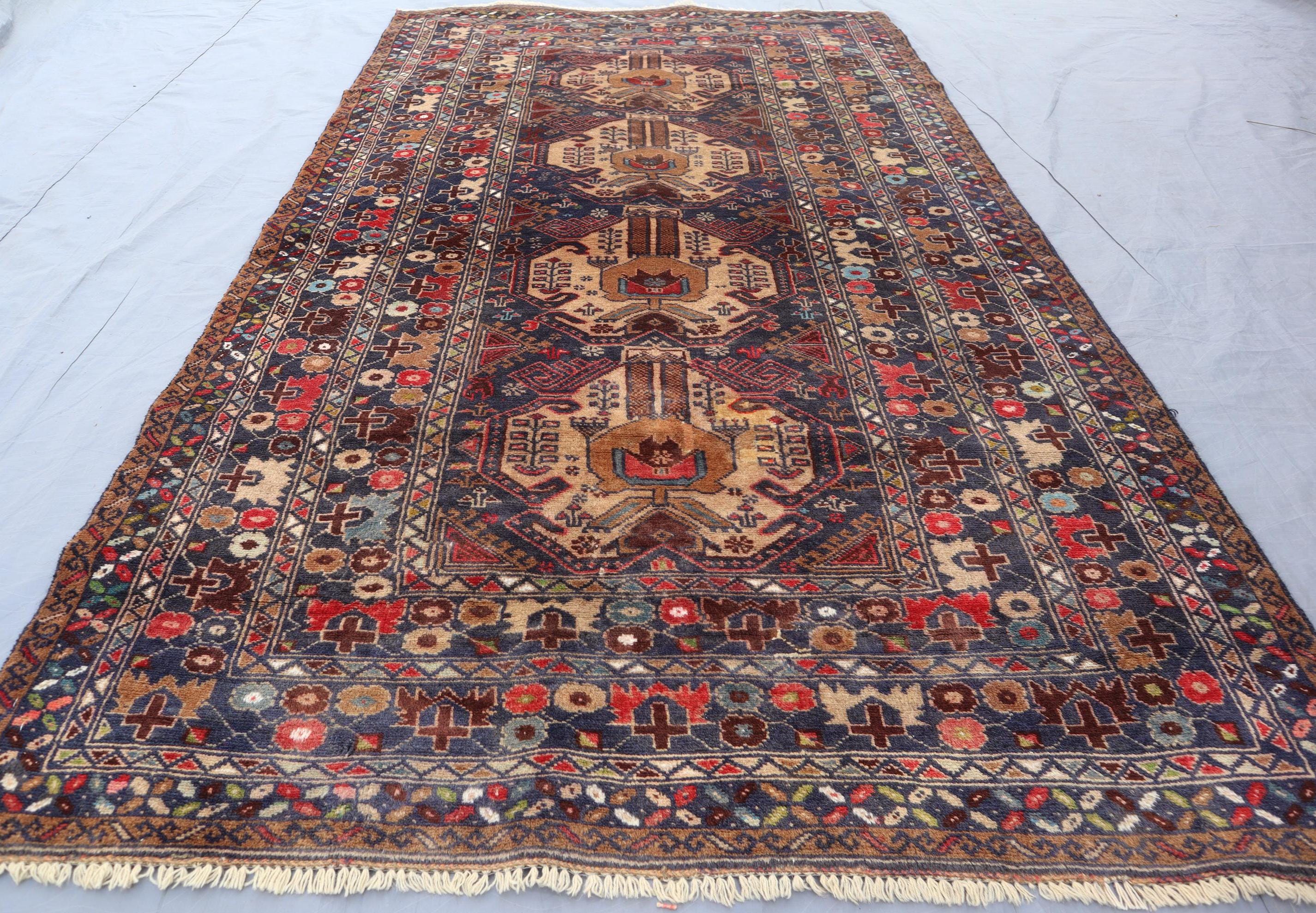 Afghan Vintage Rug 3'8x6'6 Turkmen Geometric Baluchi Rug, 1980s