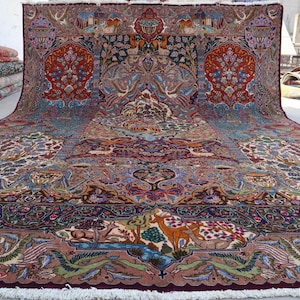 10x13 ft Animal Hunting Scene Pictorial Rug - Birds Tree of Life Art Rug - Large Afghan Handmade Wool Rug - Home decor Carpet- Kids Room Rug