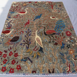 4&#39;10x6&#39;4 ft Gray Square Rug Pictorial Art Deco Rug/ Afghan Handmade Wool Rug/ Birds Peacocks Tree of Life Rug/ Bedroom Rug/ Kid Room Carpet