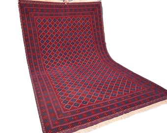 7x10 ft Oriental Berjesta Rug, Vintage Geometric Afghan Meshwani Rug, Soft Wool Handmade Boho Rug, Red Navy Blue Beljik Carpet for Bedroom
