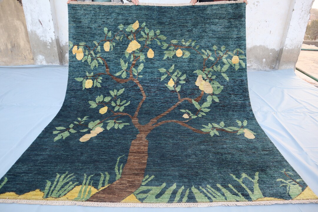 Blue Area Rug 6.6x7.7, Fruits Pictorial Rug, Afghan Handmade Authentic ...