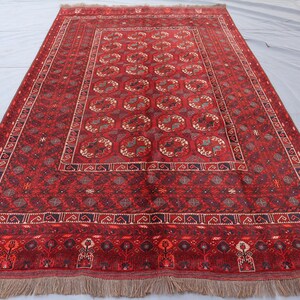 6&#39;5x10&#39;4 ft Vintage Rug Large Afghan Bukhara Hand Knotted Wool Area Rug, Antique Pattern Red Faded Rug, Turkmen Tribal Rug, Farmhouse Carpet