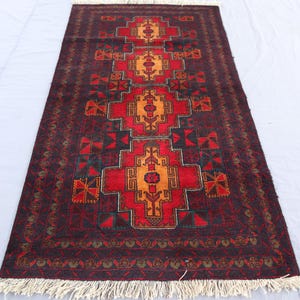 4x7 ft Vintage Turkmen Geometric Baluchi Rug, Afghan Handmade Wool rug, Caucasian Oriental Rug for Bedroom, Living Room Rug, Natural dye Rug