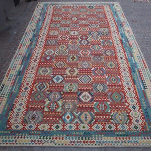 17x31 ft Extra Large Kilim Rug, Afghan Flatweave Handmade Wool Red rug, Turkmen Oriental Modern Kilim Rug, Rug for Bedroom, Palace Size Rug
