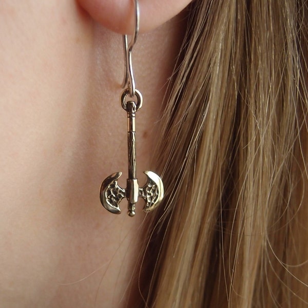 Viking Axe Bronze Pair of Earrings on silver dangle drop earrings handcrafted in Ukraine