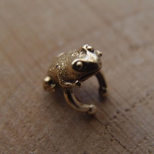 May include: A small, gold-colored frog figurine. The frog is sitting on its hind legs with its front legs raised. The figurine is made of metal and has a detailed design.