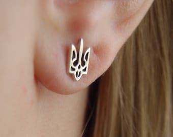 Ukrainian tryzub trident sterling silver stud earrings gift studs pair