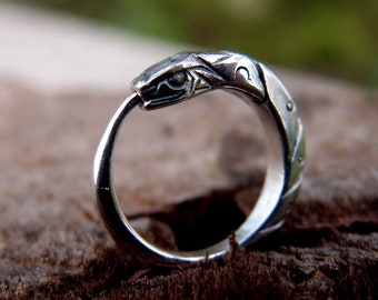 Ouroboros snake Sterling silver Hoop earring  14mm (0,55 inch) handcrafted in Ukraine, Jormungand snake