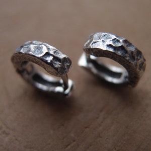 Asteroid forged sterling silver huggie hoop earrings for men 0.5 inch, Pair of sterling silver norse men hoop hammered earrings meteor
