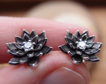 Lotus Flower Sterling Silver Stud Earrings: Zircon Yoga Jewelry