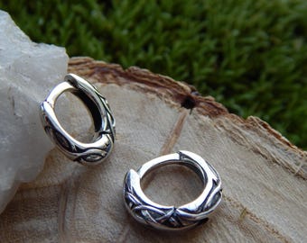 Celtic Viking Unisex Sterling silver earrings, small men&#39;s huggie hoops 0.45 inch, Pair of earrings