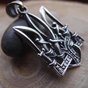 Tryzub Ukrainian trident with Cossack swords sterling silver big pendant (FREE SHIPPING for USA)