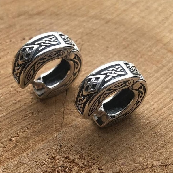 Celtic viking silver men's huggie hoop earrings 0.6 inch sterling silver nordic unisex hoop earrings