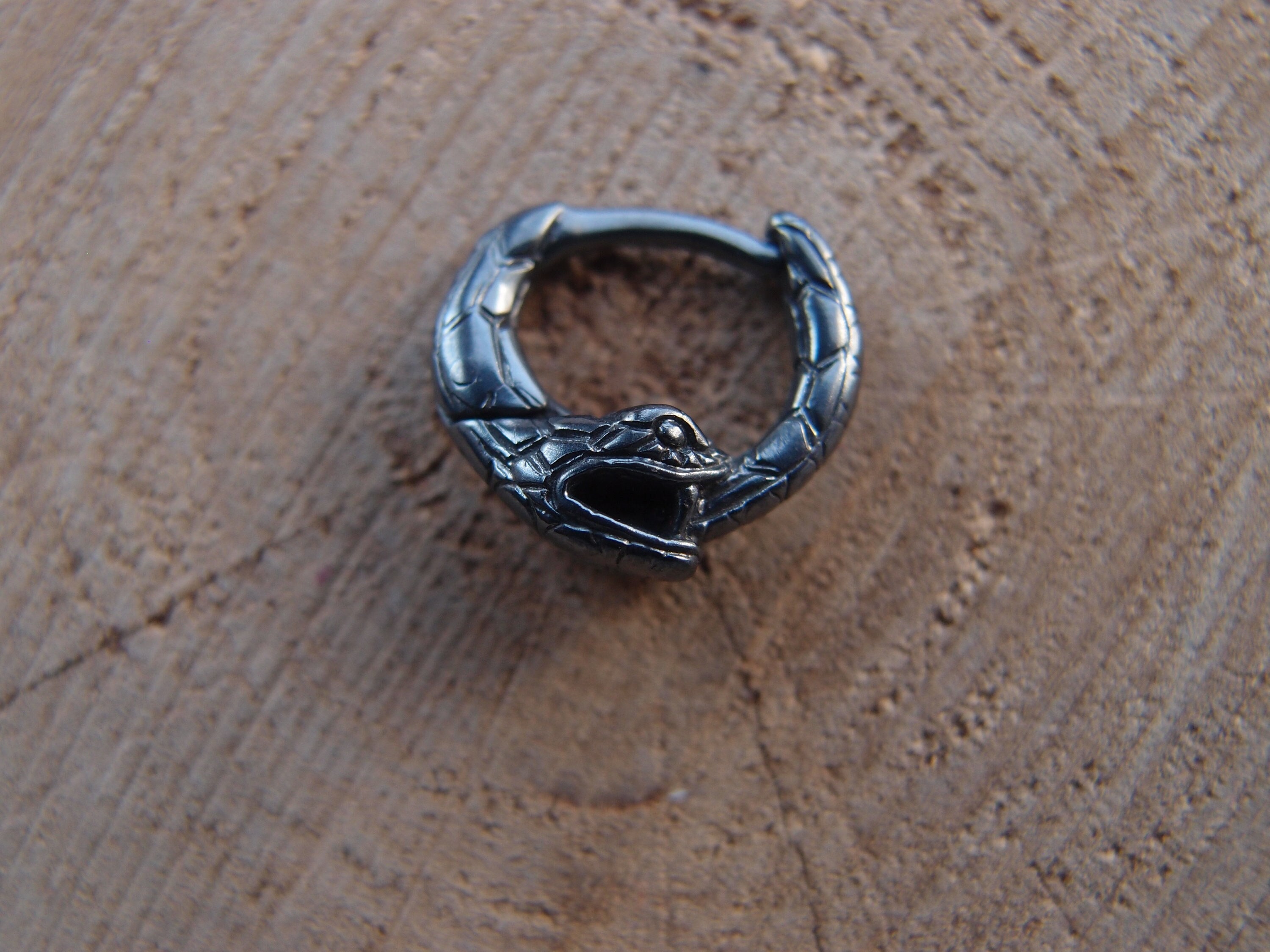 Small Ouroboros snake black silver Septum ring earring 16mm 0.65 inch Single hoop