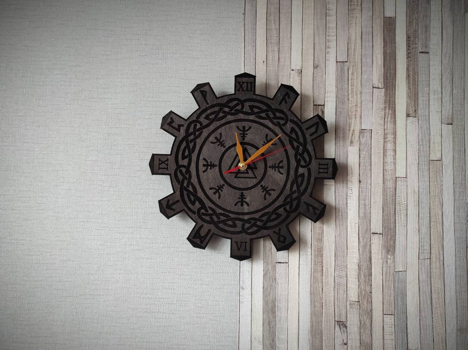 Viking Wooden Wall Clock With Runes FREE SHIPPING Helm of Awe - Etsy