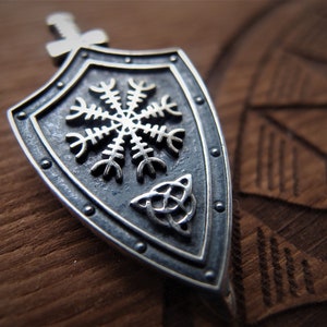 Shield and sword with Aegishjalmur necklace, Helm of awe Sterling Silver pendant, viking amulet for him (FREE SHIPPING for US)