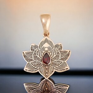 Bronze Lotus yoga pendant necklace with red zircon, Handcrafted in Ukraine