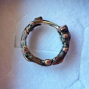 Könnte beinhalten: Ein silberner Ring mit einem strukturierten Design, das an Äste und kleine goldene Akzente erinnert.
