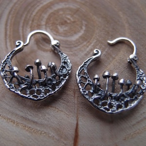 Pair of Toadstools Fungi fly agaric magic mushrooms sterling silver Hoop Earrings mycelium