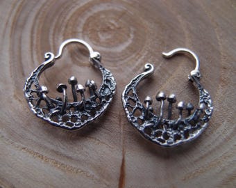 Sterling Silver Toadstool Hoop Earrings: Fly Agaric Mushroom Jewelry