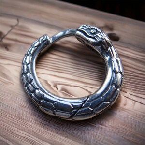 Puede incluir: Un anillo de serpiente de plata con un dise&ntilde;o texturizado detallado. La cabeza de la serpiente est&aacute; levantada y el anillo est&aacute; abierto en la parte posterior.