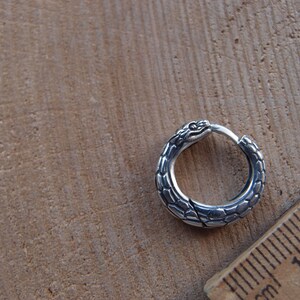 Puede incluir: Pendiente de aro de serpiente de plata con un dise&ntilde;o detallado de cabeza de serpiente.