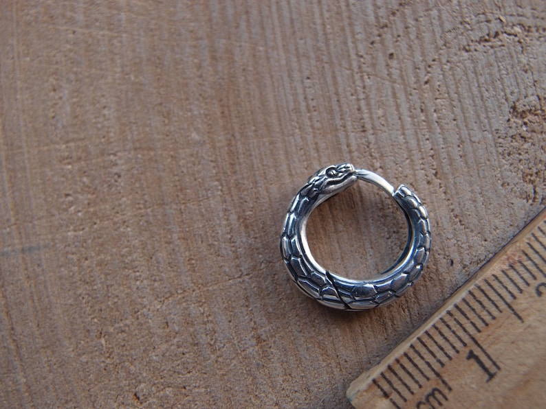 Puede incluir: Pendiente de aro de serpiente de plata con un dise&ntilde;o detallado de cabeza de serpiente.