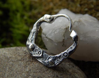 Brutalist Steampunk Sterling Silver Hoop Earring: Hammered stone design (NO EXTRA FEEs For US)