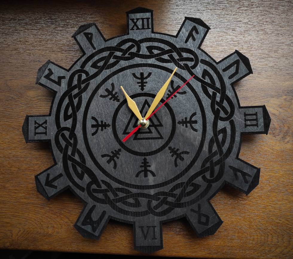 Viking Wooden Wall Clock With Runes FREE SHIPPING Helm of Awe - Etsy