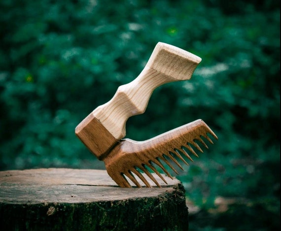Viking Axe Hair and Beard Comb: Hand Carved Oak Wood