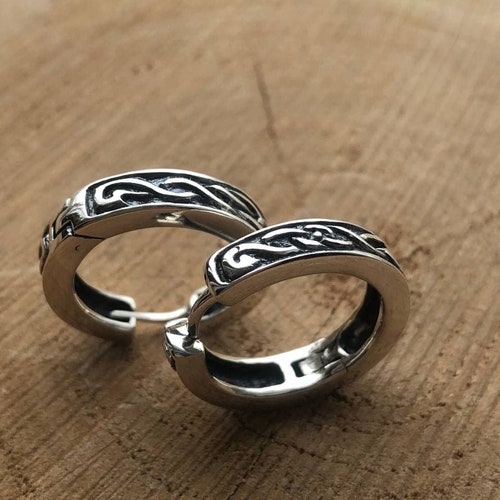 Pair of Celtic shops Viking Nordic Statement hoop earrings unisex silver hoops
