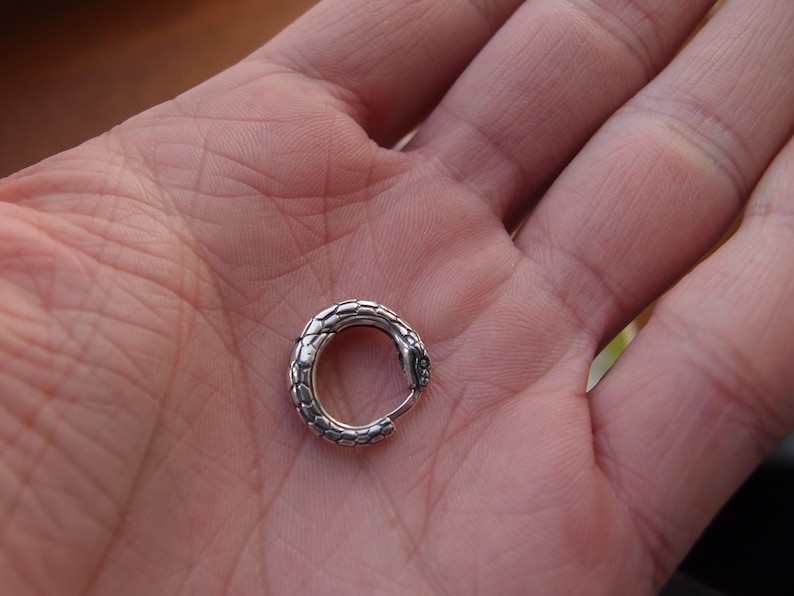 Puede incluir: Un aro de oreja de serpiente de plata. El aro est&aacute; hecho de metal texturizado y tiene un dise&ntilde;o de cabeza de serpiente.